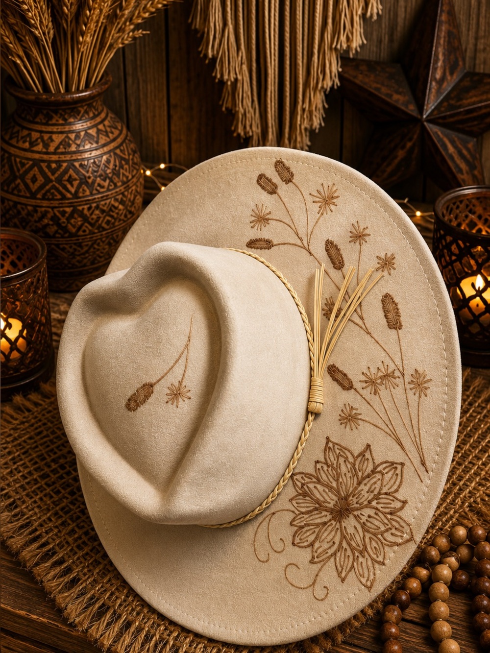Engraved Beige Western Vegan Suede Hat with Floral Detail
